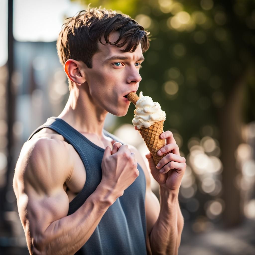 Asa Butterfield, as a muscular bodybuilder, eating an ice cream cone outside on a sunny day. Professional photography, b...