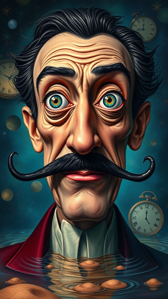 Salvador Dali head & shoulders caricature portrait, popping kaleidoscope eyes 🕰