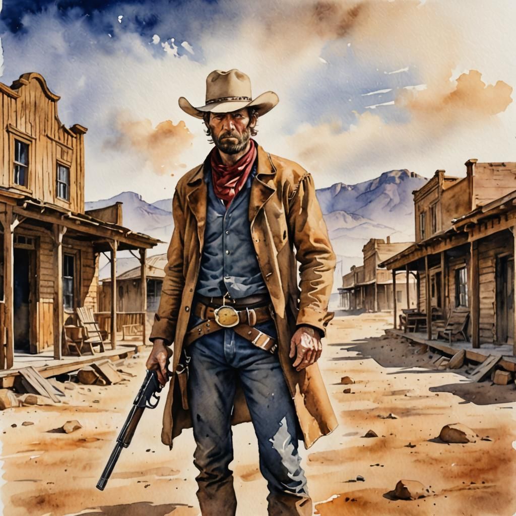 Watercolor Cowboy in Deserted Western Town
