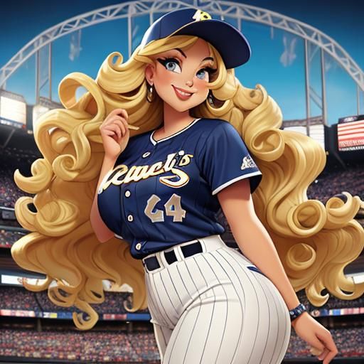Curvy Blonde in Baseball Uniform at Stadium