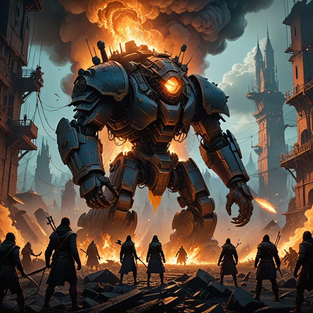 Epic Fantasy Battle Illuminated by Fiery Shadows