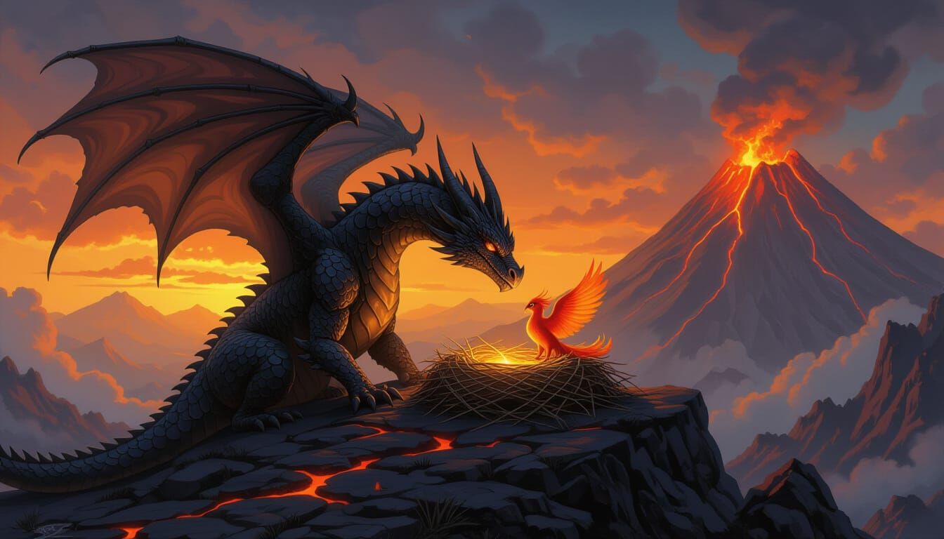 Dragon Guides Phoenix in Volcanic Fantasy Landscape