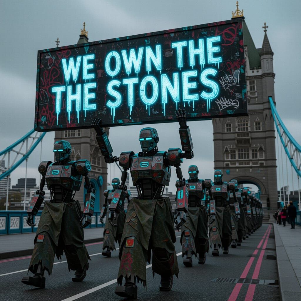 Robots March on Tower Bridge with Graffiti Sign