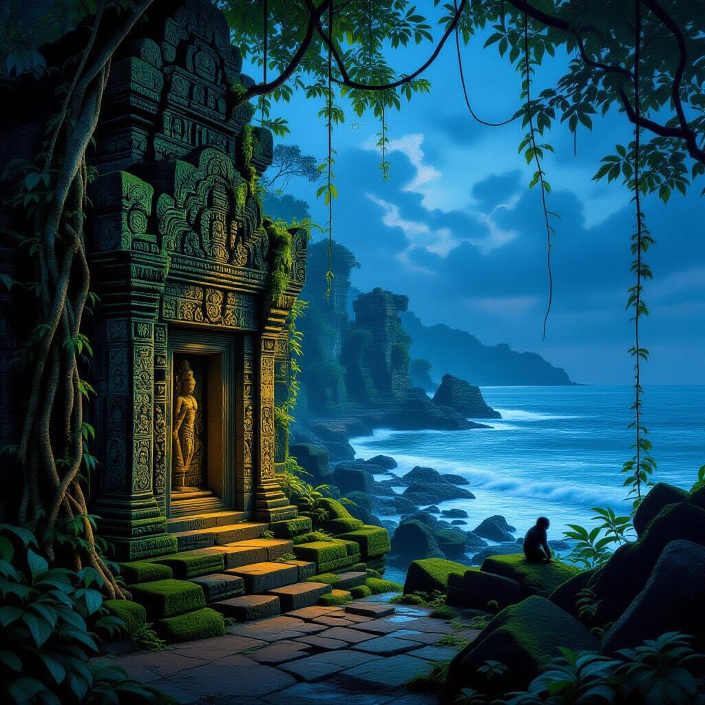 During summer night, Ancient temple ruins by the ocean, overtaken by lush jungle vines, moss-covered stone carved with f...