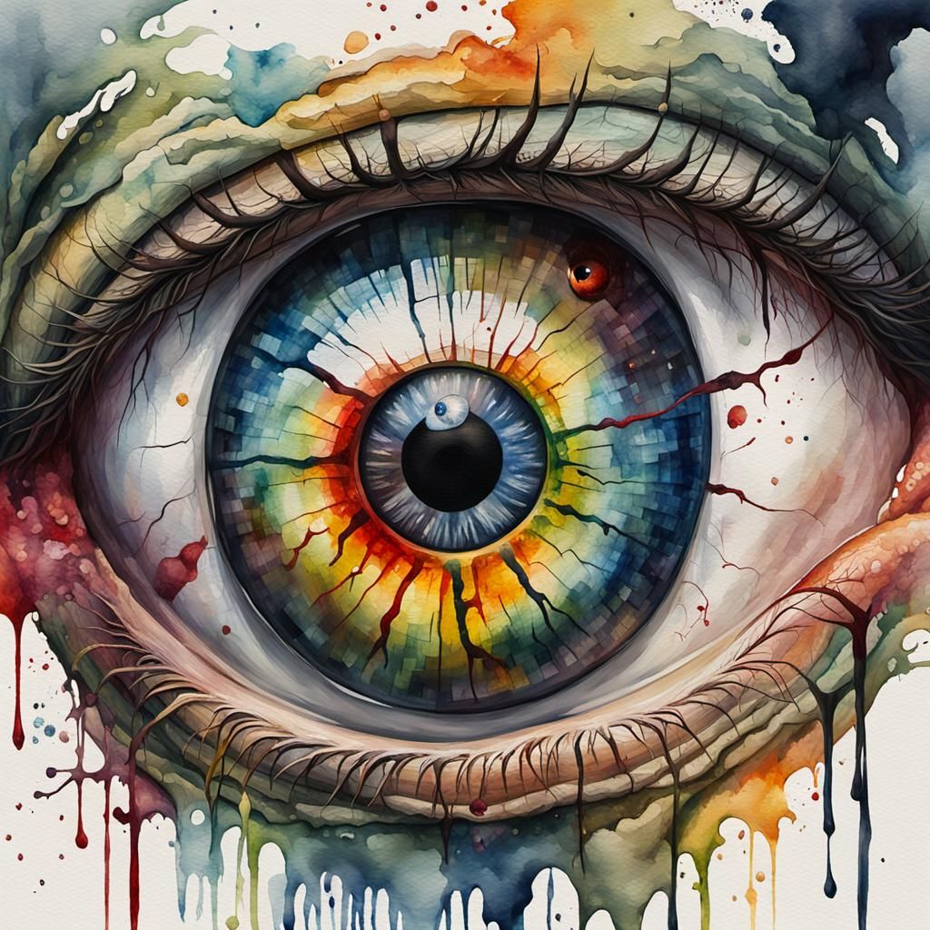 Grotesque Eyeball Head in Watercolor Impasto Style
