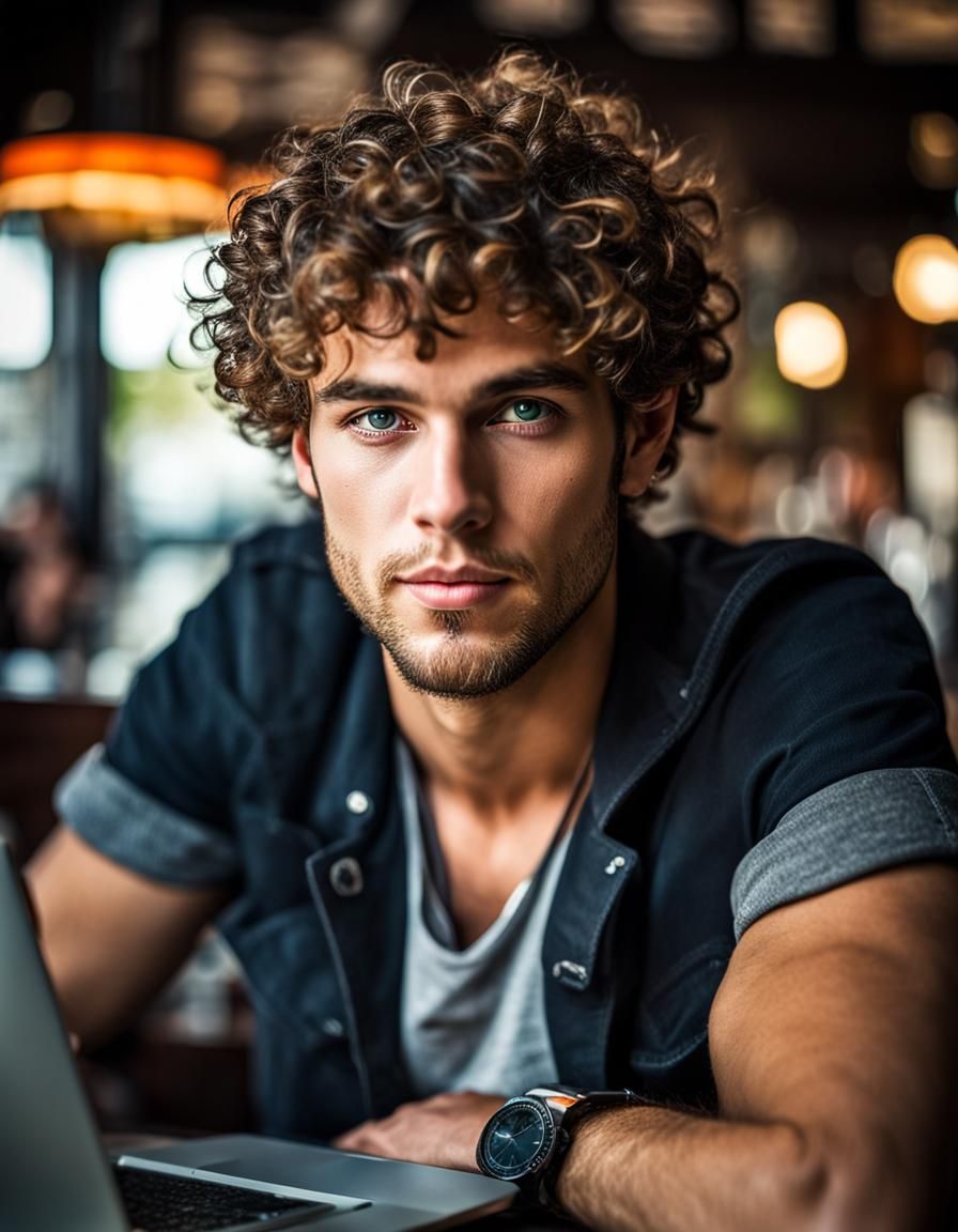Intense Young Hacker at Cafe with Laptop