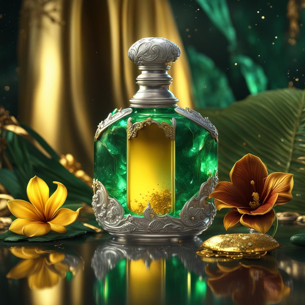 Exotic Perfume Still Life in Gold, Silver, Emerald