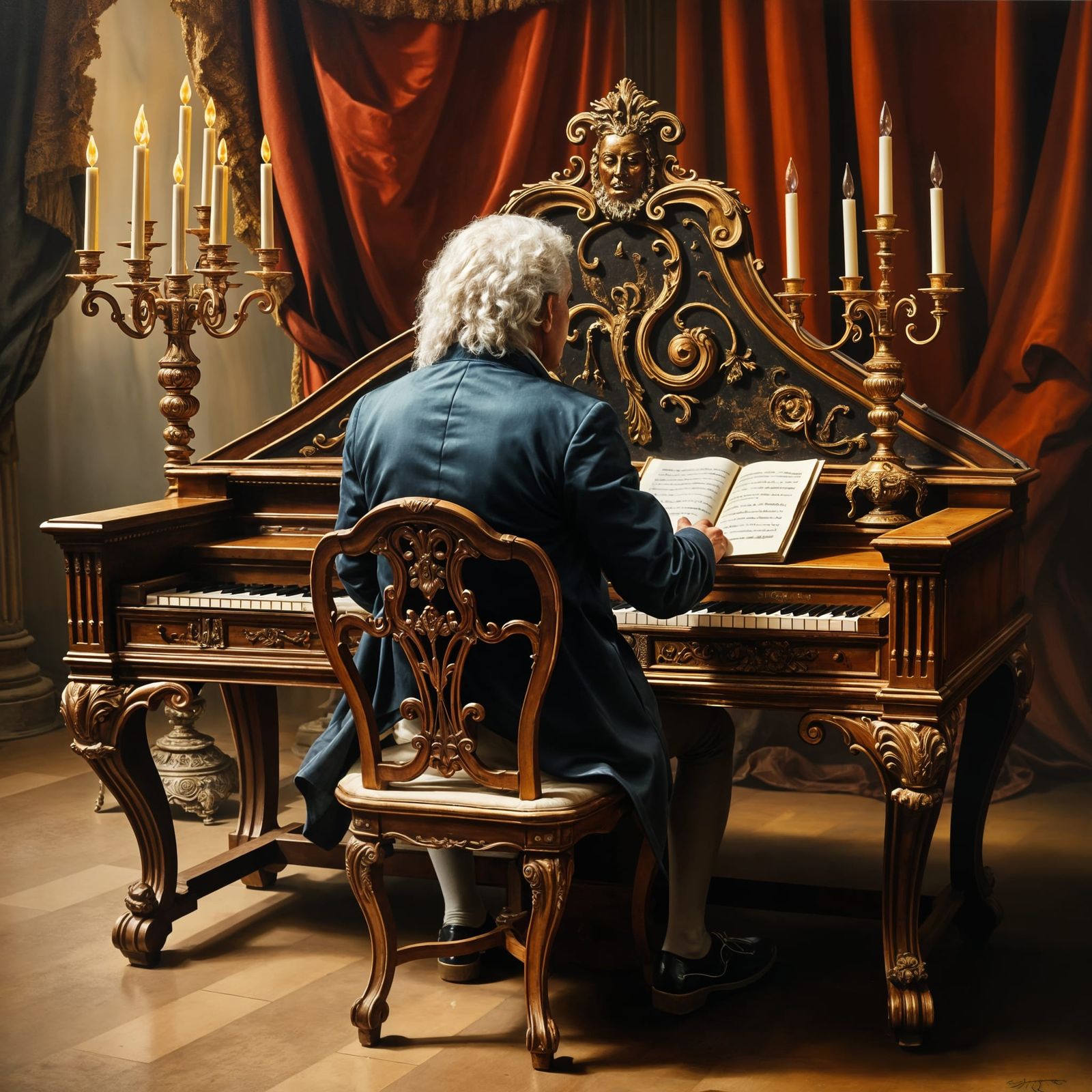 17th century tempered klavier with image of composer J S Bac...