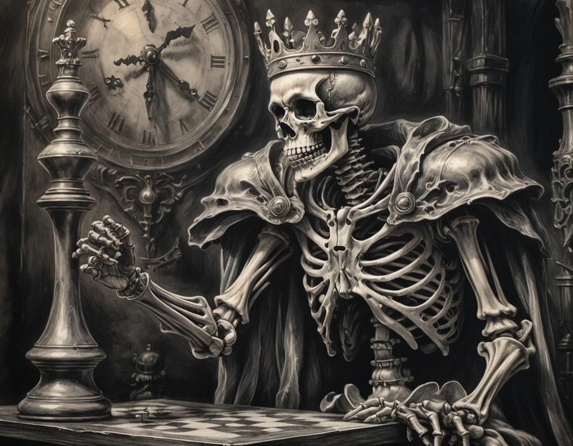 Charcoal Skeleton Moves Chess Piece in Dark Room