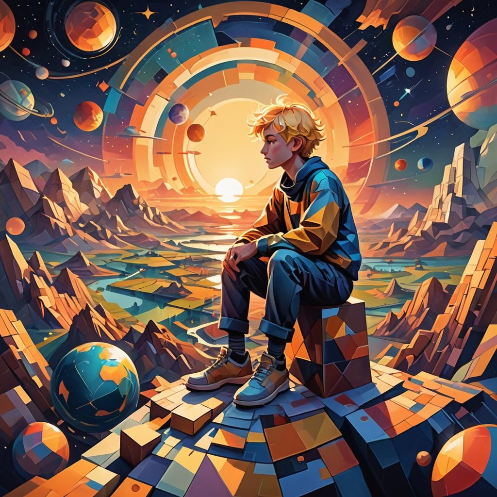 Boy Gazing at Sunset: Cubist Geometric Universe