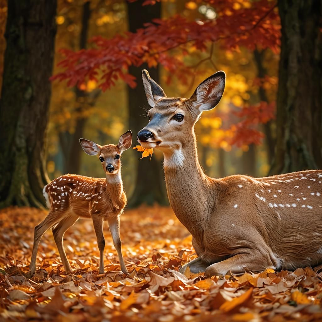 Deer and Fawn Enjoying Autumn Leaves in Forest