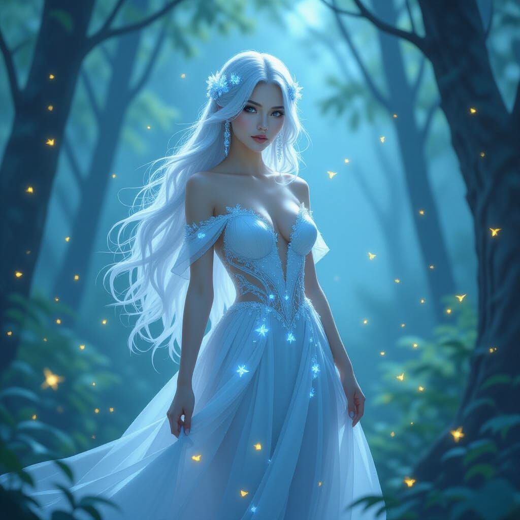 Ethereal Silver-Haired Woman in Art Nouveau Style