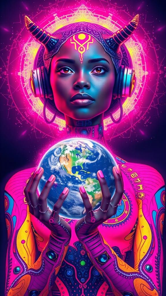 African Android Holding Earth in Cyberpunk Style