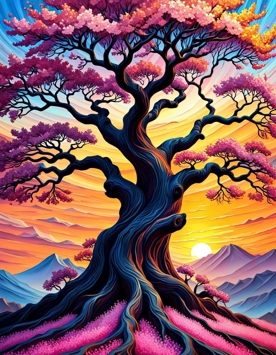 Impasto Painting: Exuberant Sakura Tree at Sunset