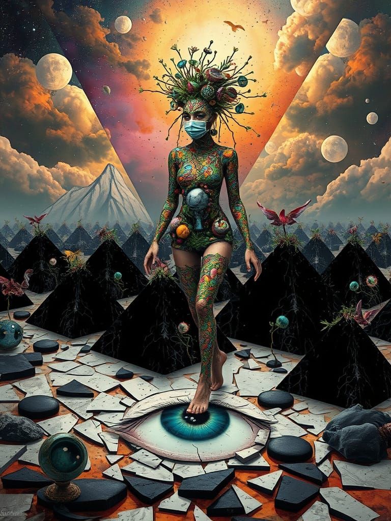 Surreal Tribal Goddess Walks on Dots-Laden Pyramids