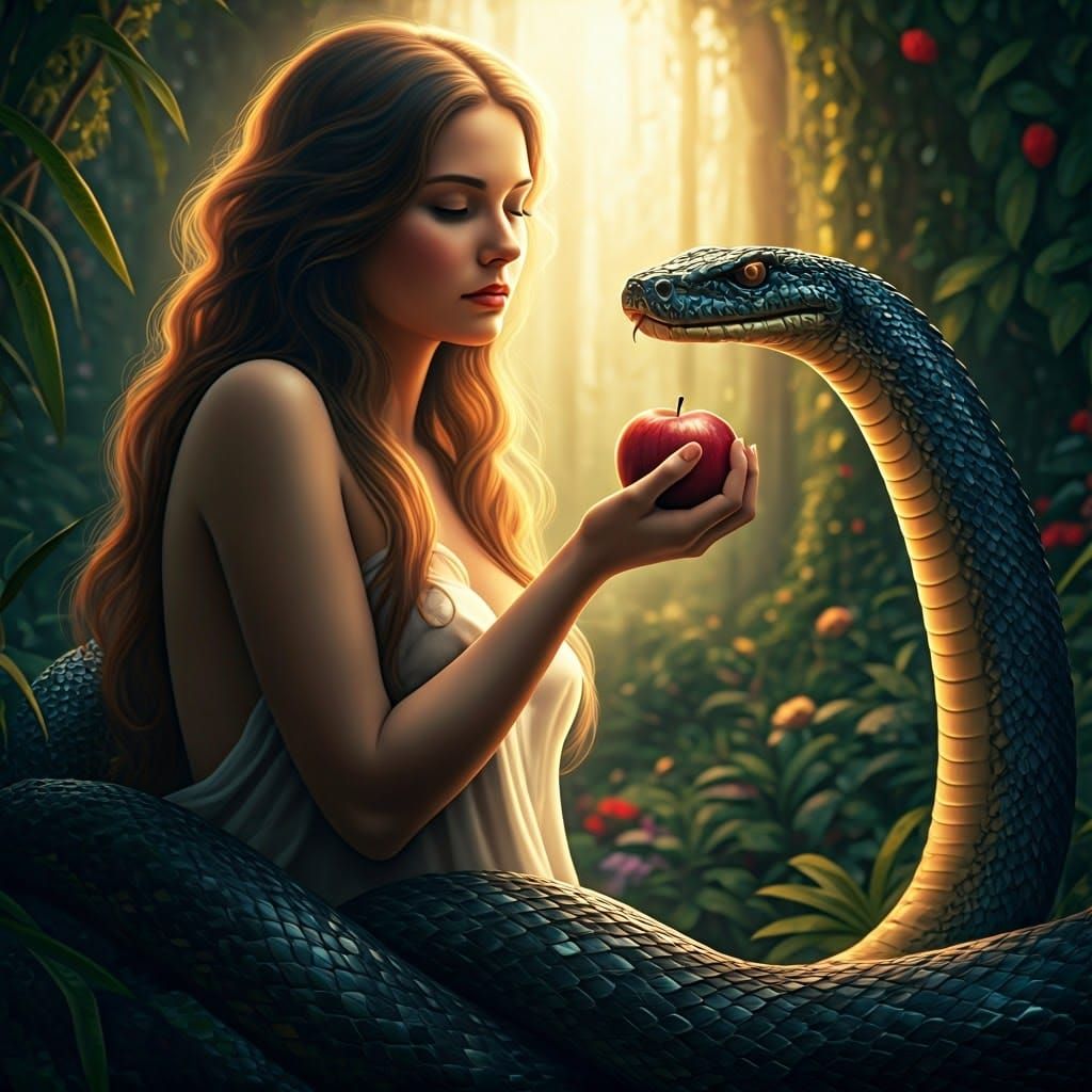 Eve Tempted in the Garden of Eden, Golden Light and Shadows