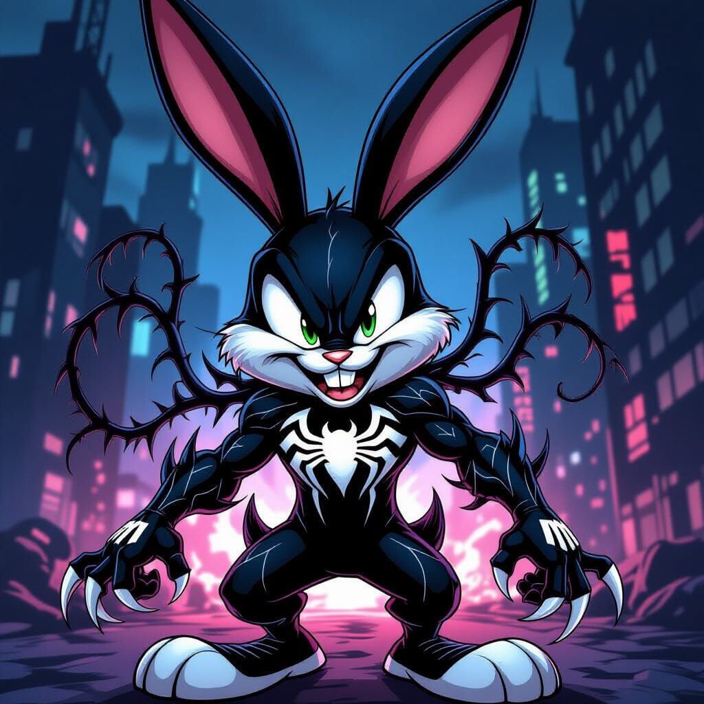 Bugs Bunny Fuses with Venom Symbiote in Dark Cityscape