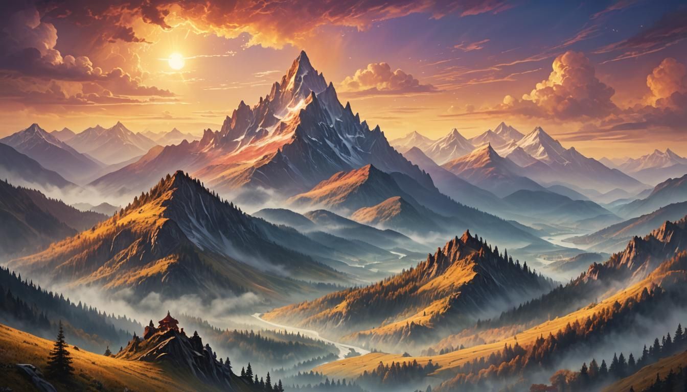 Surreal Mountain Range Unfolds in Blended Fantasy and Nature