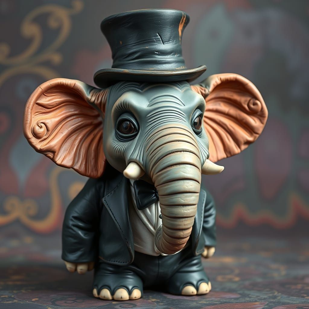 Clay Elephant Gentleman in Top Hat, Matte Painting Style