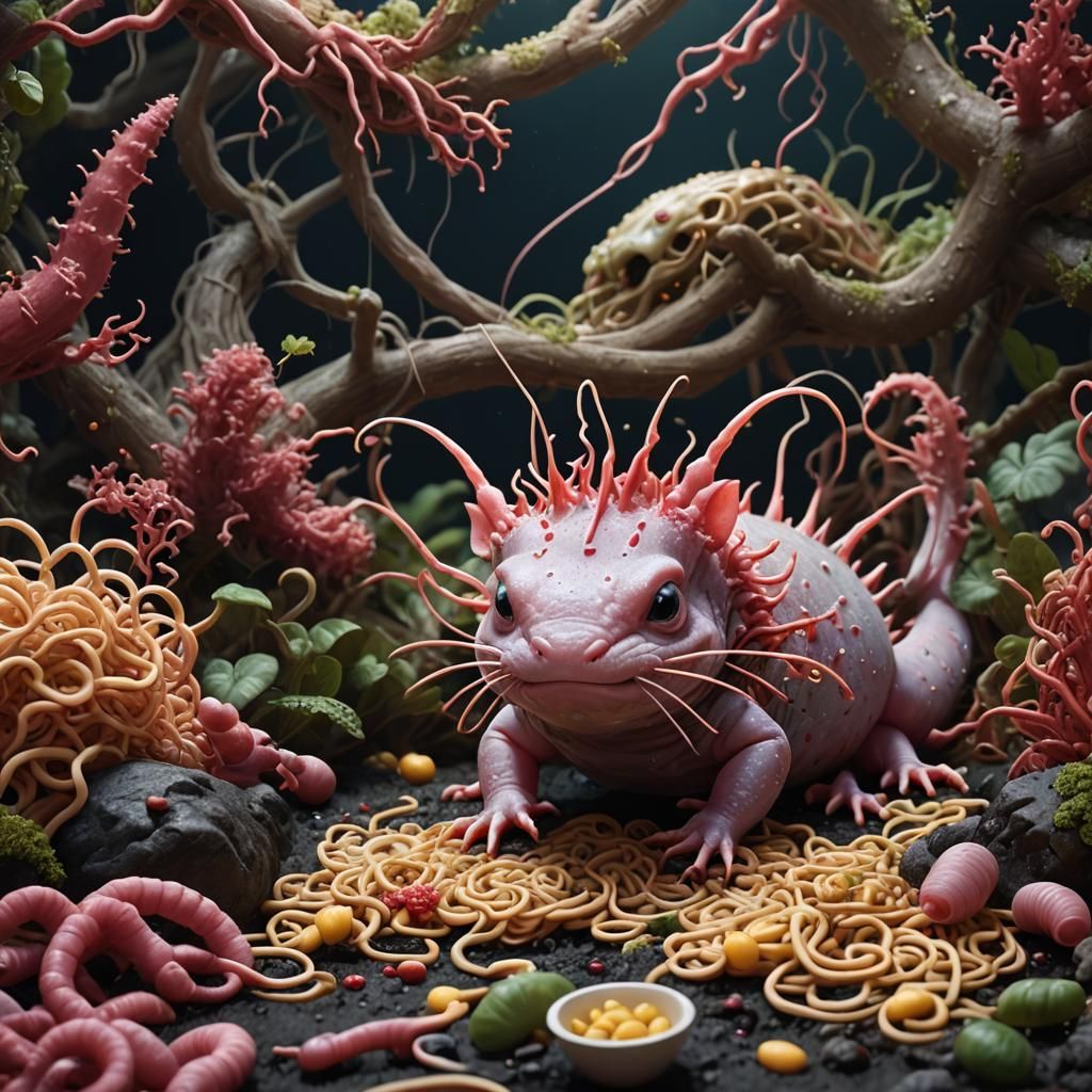 Axolotl Eats Worms Like Noodles in Fantasy Art