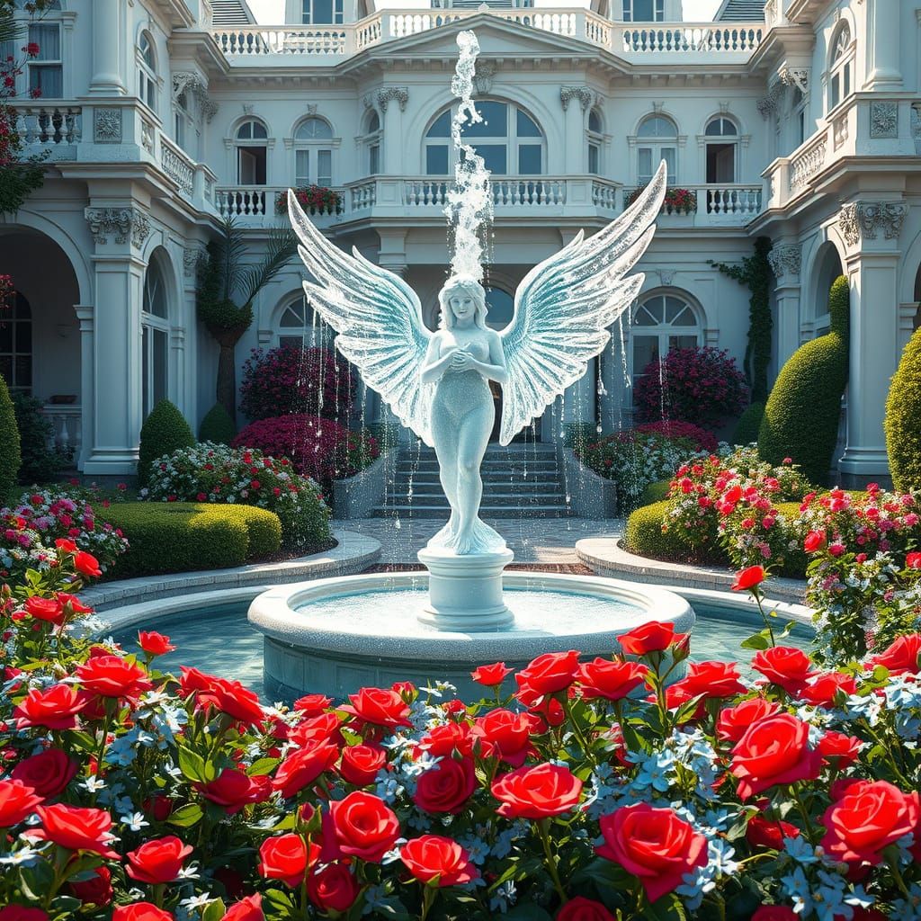 Surreal Water Fountain Scene with Angel in a Lush Garden