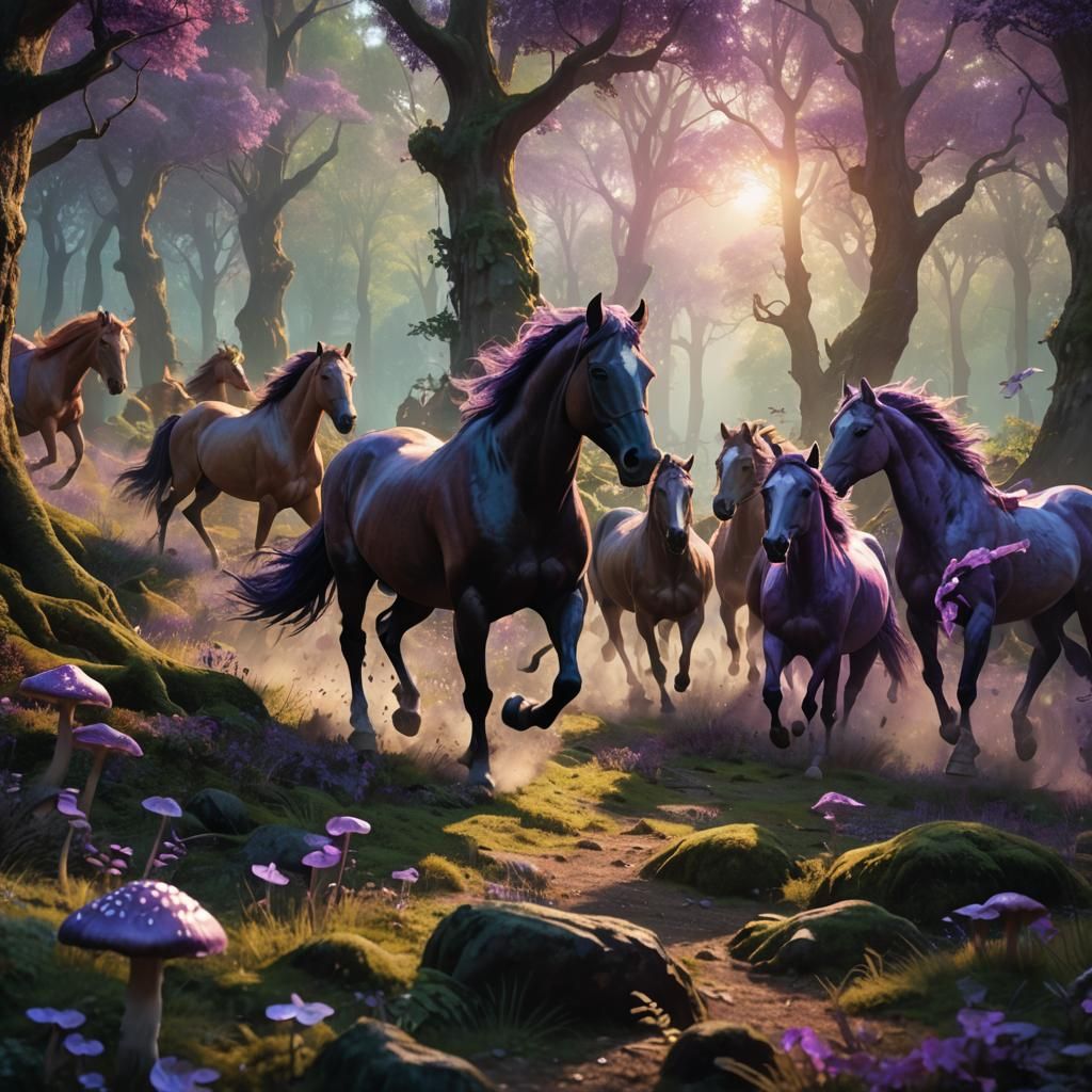 Horses Galloping Through Mystical Forest Concept Art