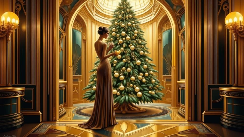 Opulent Art Deco Castle with Woman and Christmas Tree