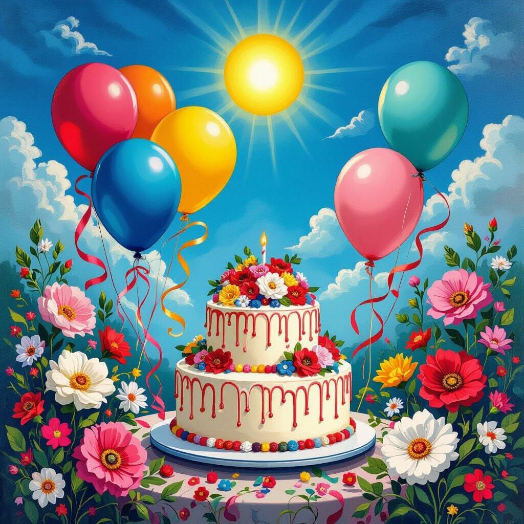 Festive Balloons and Cake with Folk Art Flowers