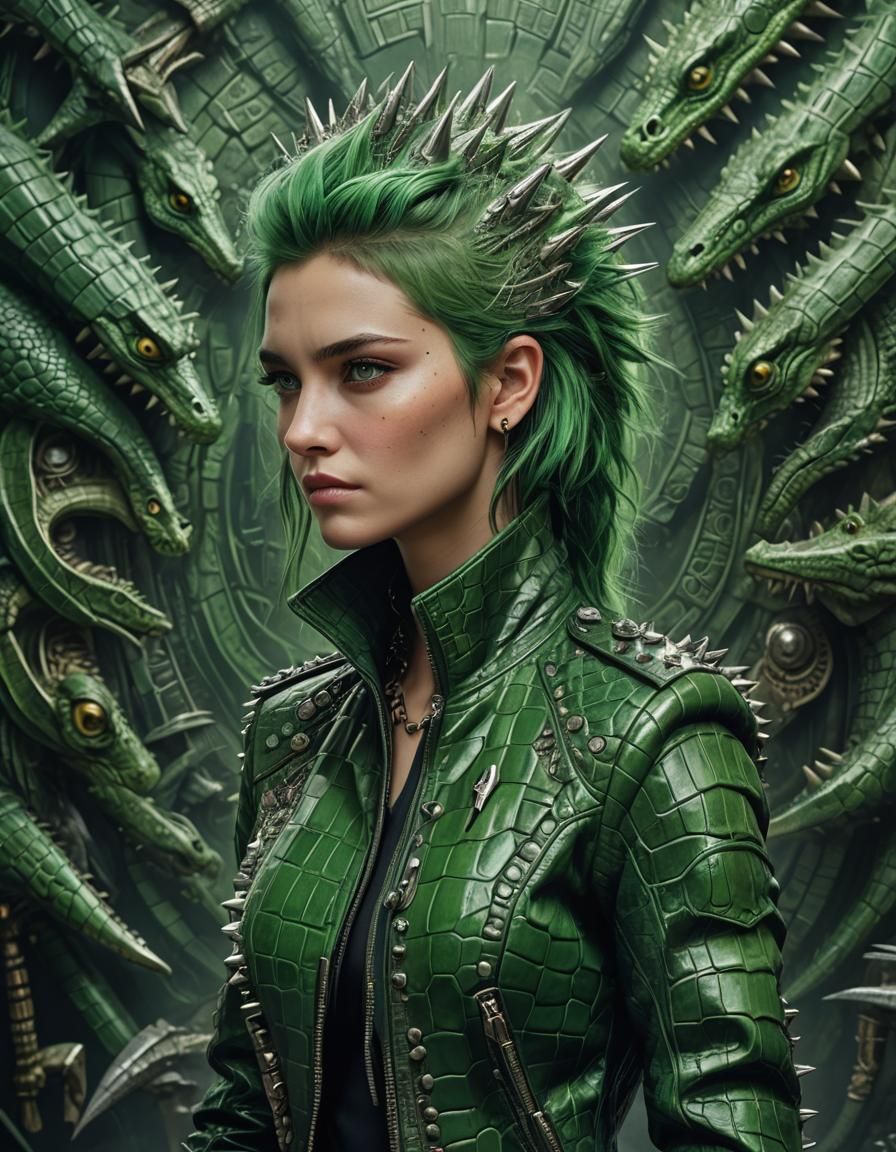 Woman in Green Alligator Leather Jacket: Digital Art