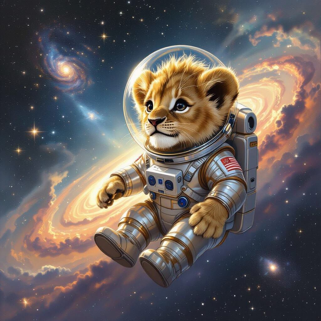 Lion Cub Astronaut Drifting Through the Cosmos