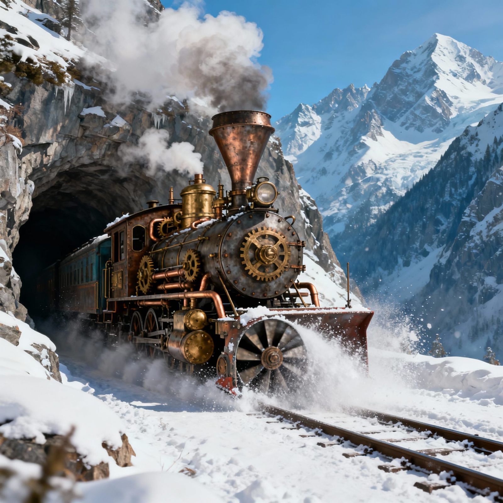 The train pushing through the Mountain pass with a snowblower on the front. Blowing the snow making a path for the futur...