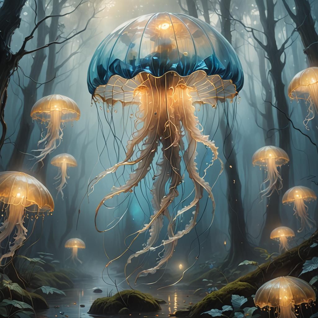 Ethereal Jellyfish Lantern in Misty Forest