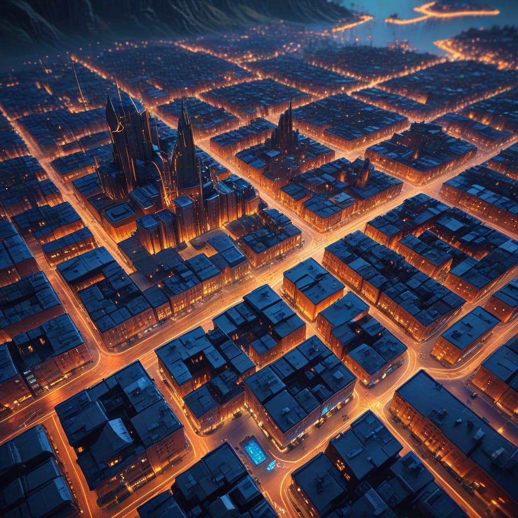 Glowing Fantasy City Map: Bird's Eye View
