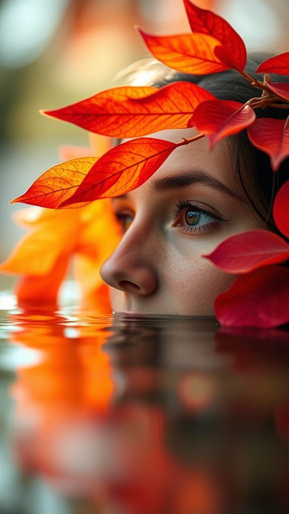 Vibrant Orange and Red Leaves Dance on Water's Surface