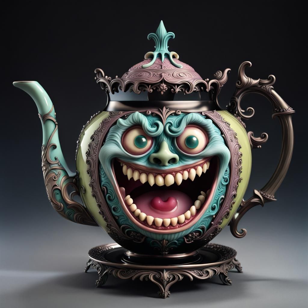 3D gothic whimsical stylized colorful kettle from the Victorian era
