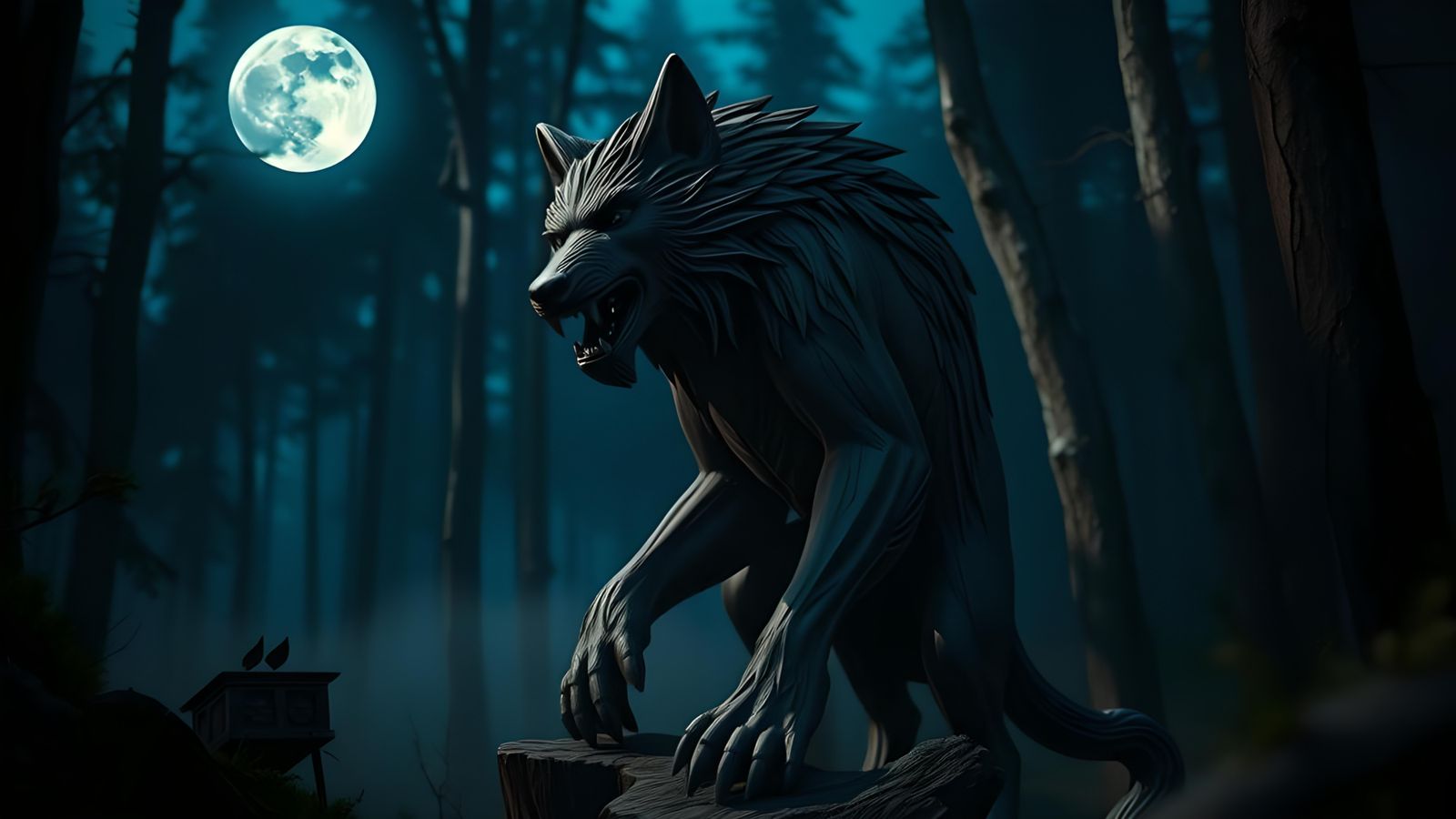 Detailed Wood Carving of a Werewolf Under Blue Moon