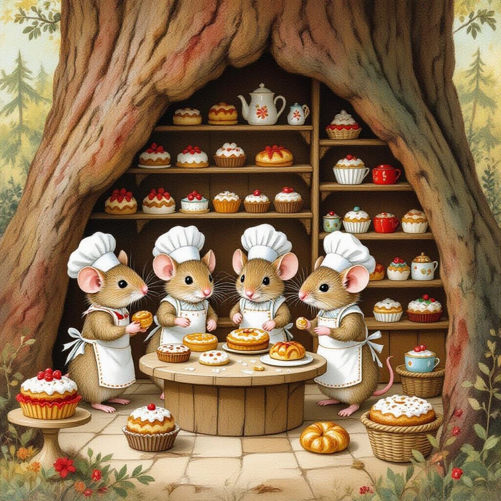 Mouse Bakery in Sequoia Tree, Whimsical Art