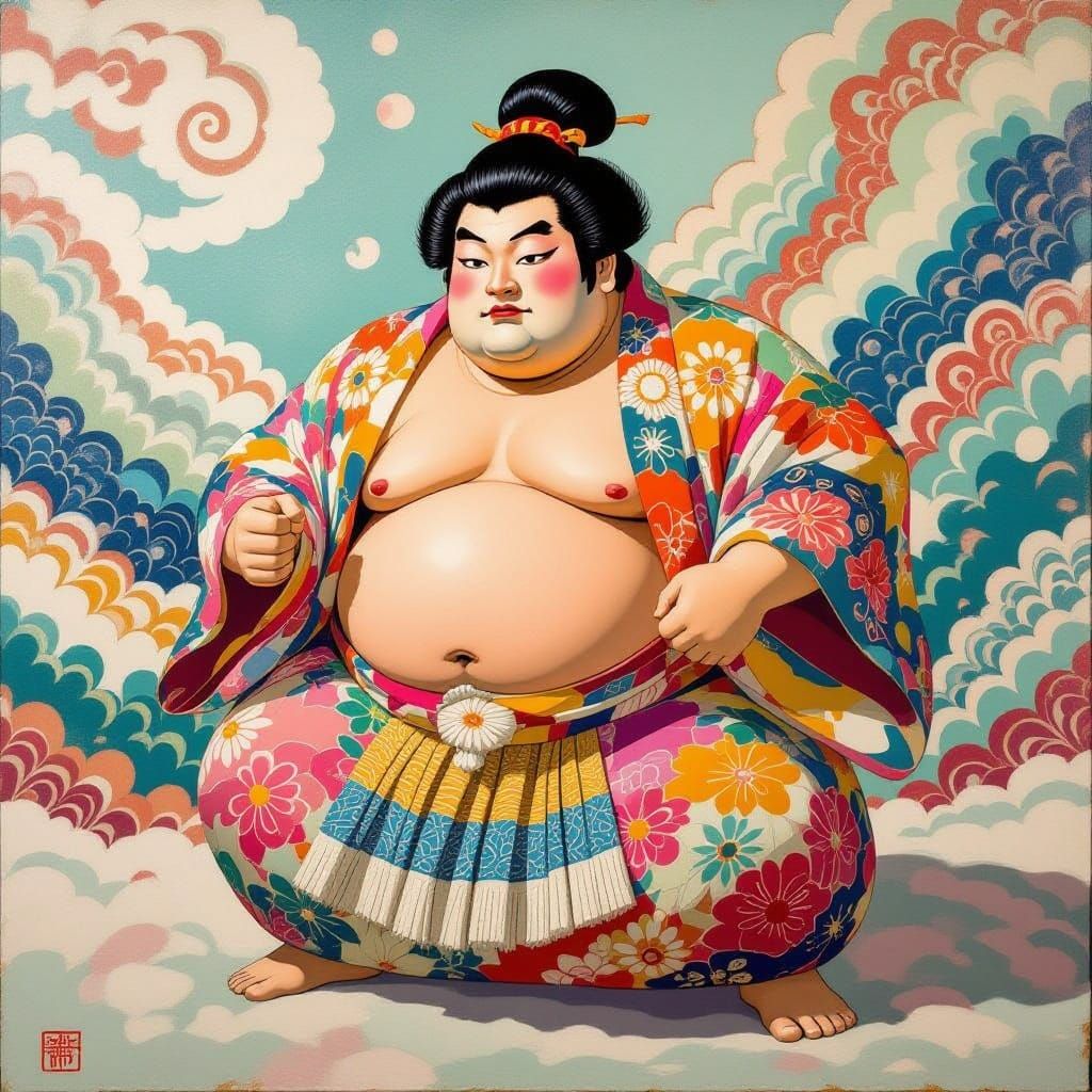 Surreal Sumo Wrestler in Pop Art Dreamscape