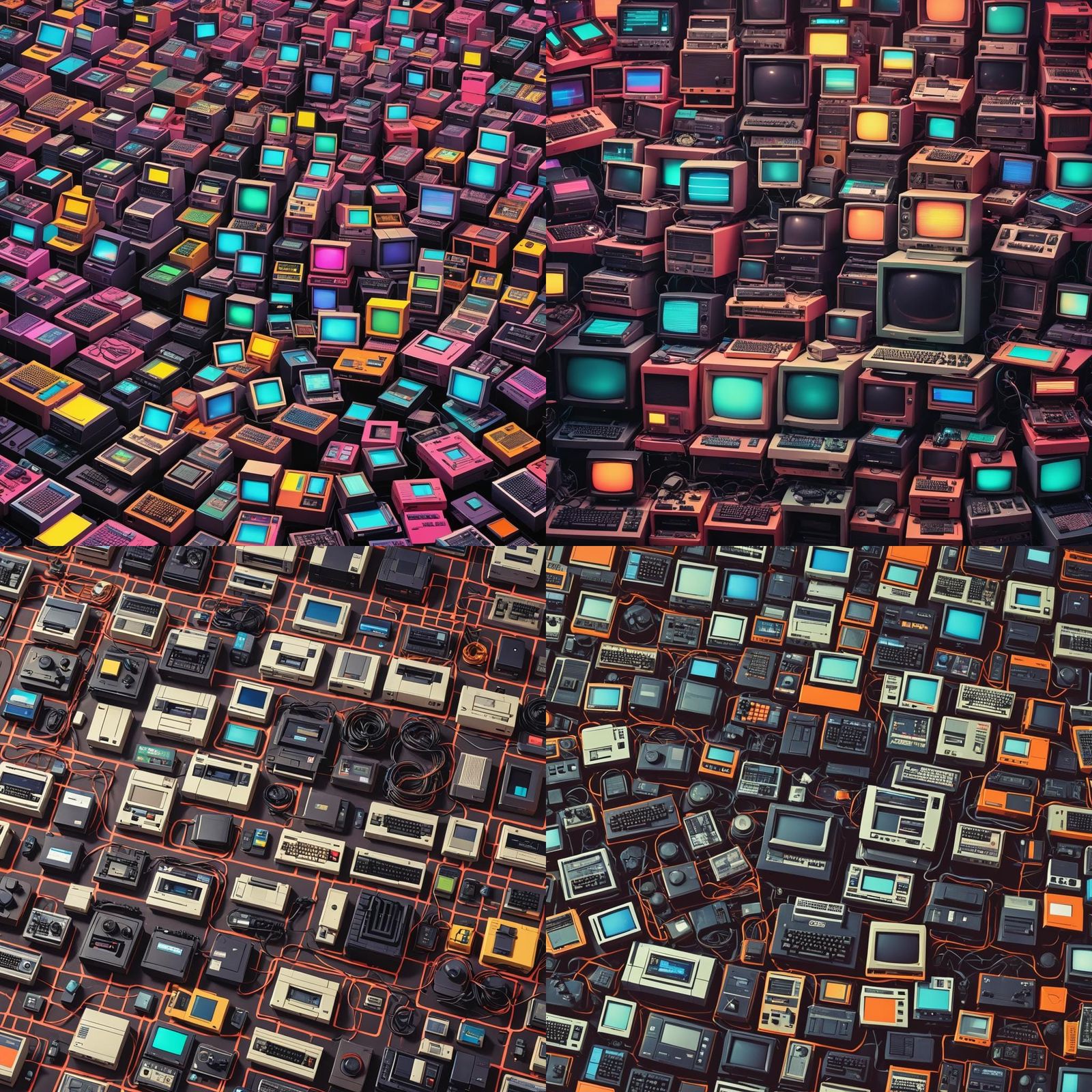 Vibrant 80s Tech Collage: Computers, Consoles, and Neon