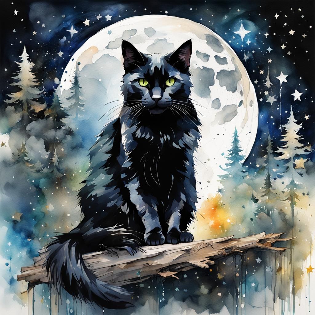 Black Cat Under Moonlight, Stylized Watercolor Art