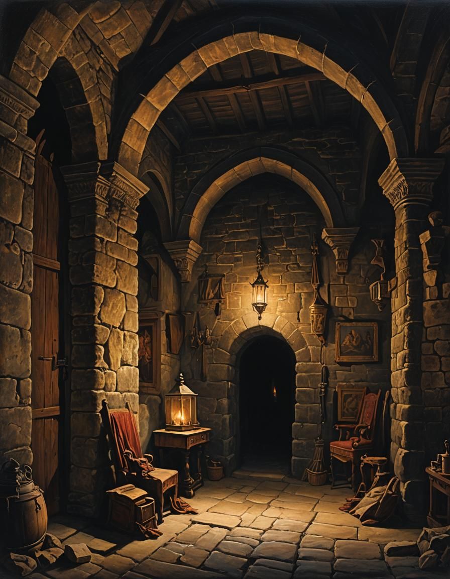 Medieval Lair Chiaroscuro Painting with Hidden Passage