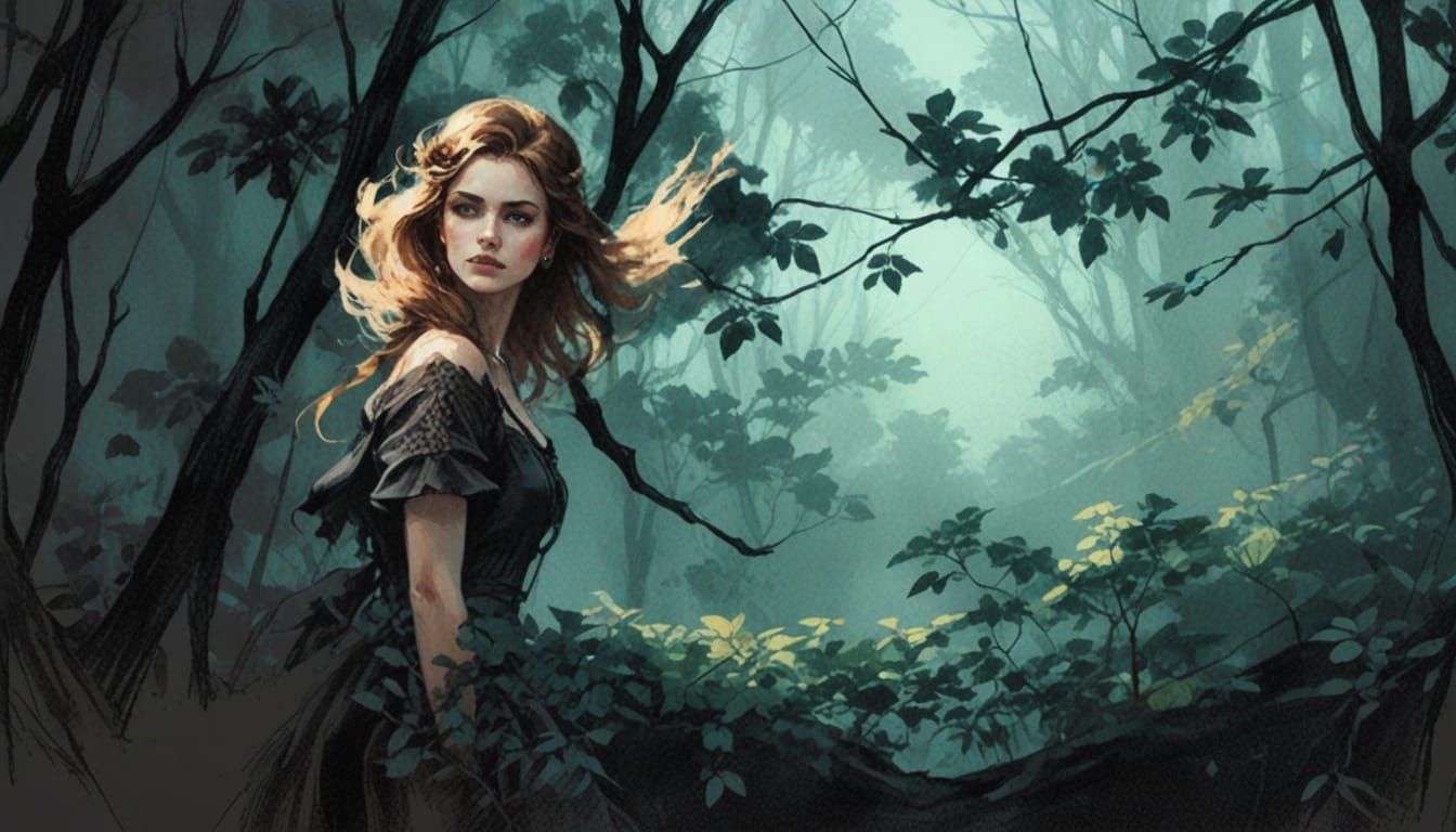 Elegant Lady in Dark Pencil Sketch