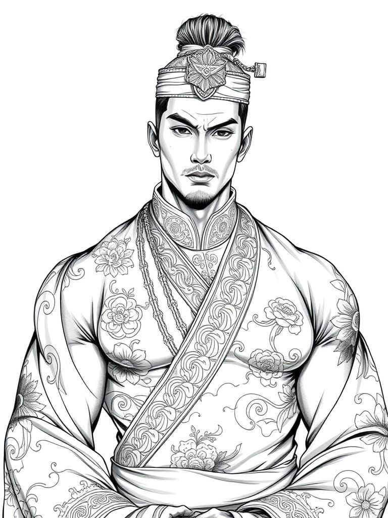Elegant Muscled Asian Man in Hyperdetailed Drawing