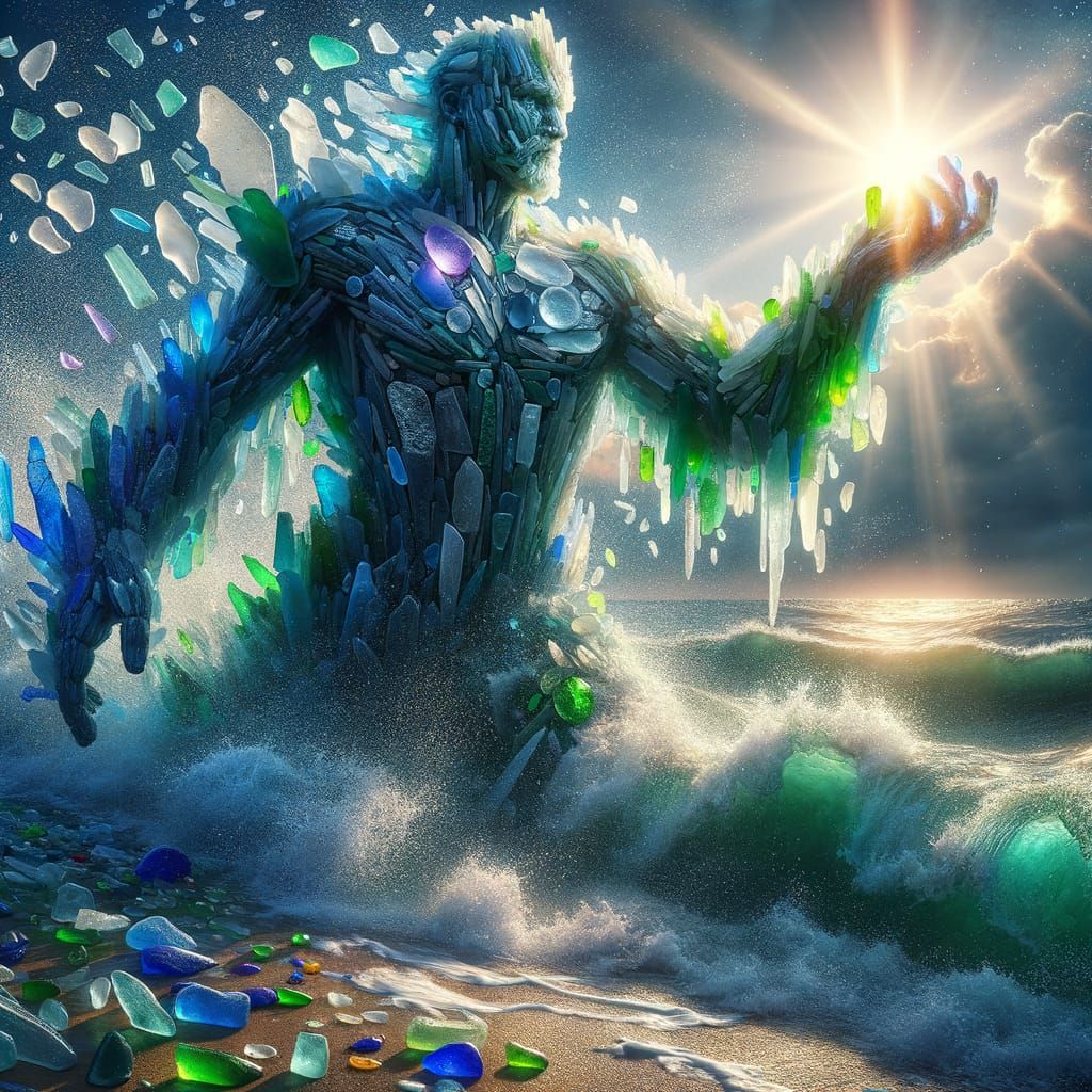 Sea Glass Figure Holding Lighthouse on Shoreline