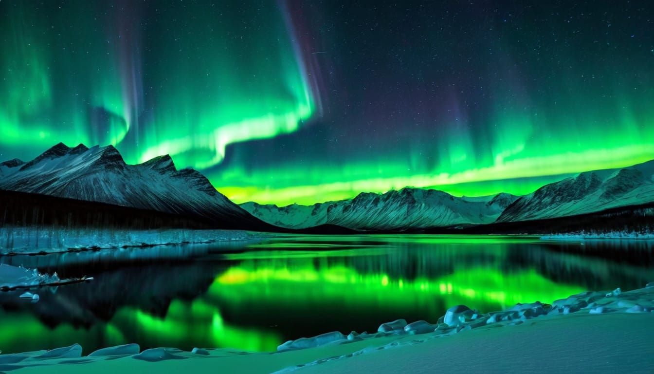 Vibrant Northern Lights Dance Across Snowy Waters