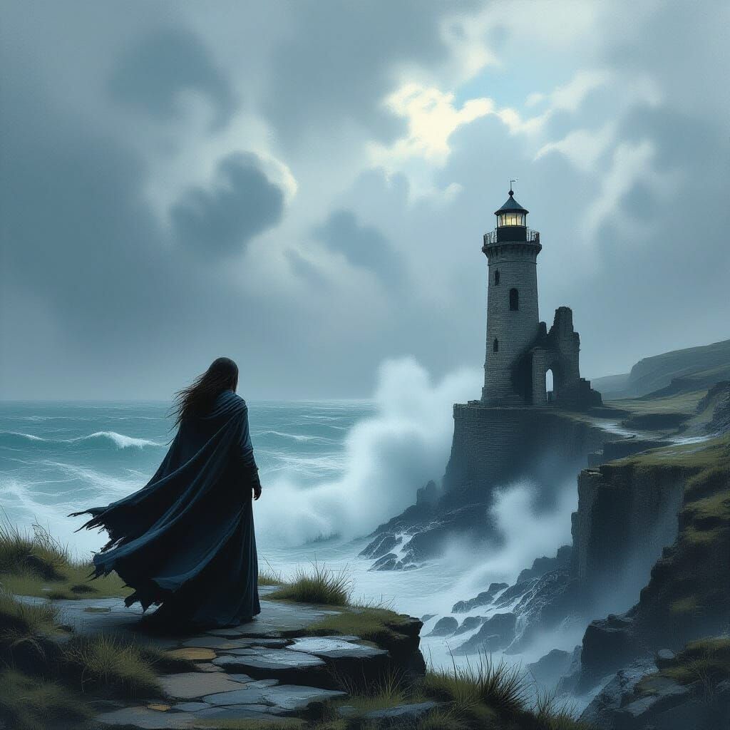 A lone woman stands on a windswept cliff overlooking a churn...