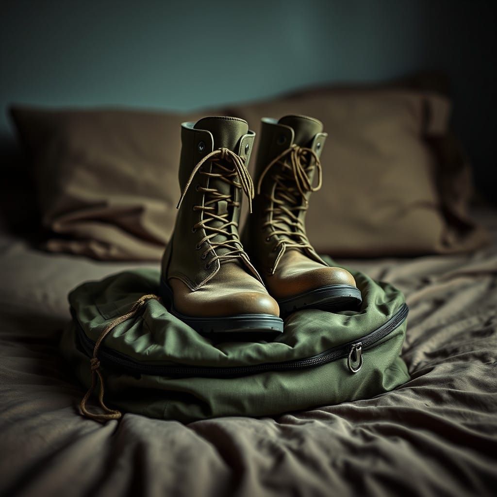 Military Boots and Bag in Olive Green on Bed