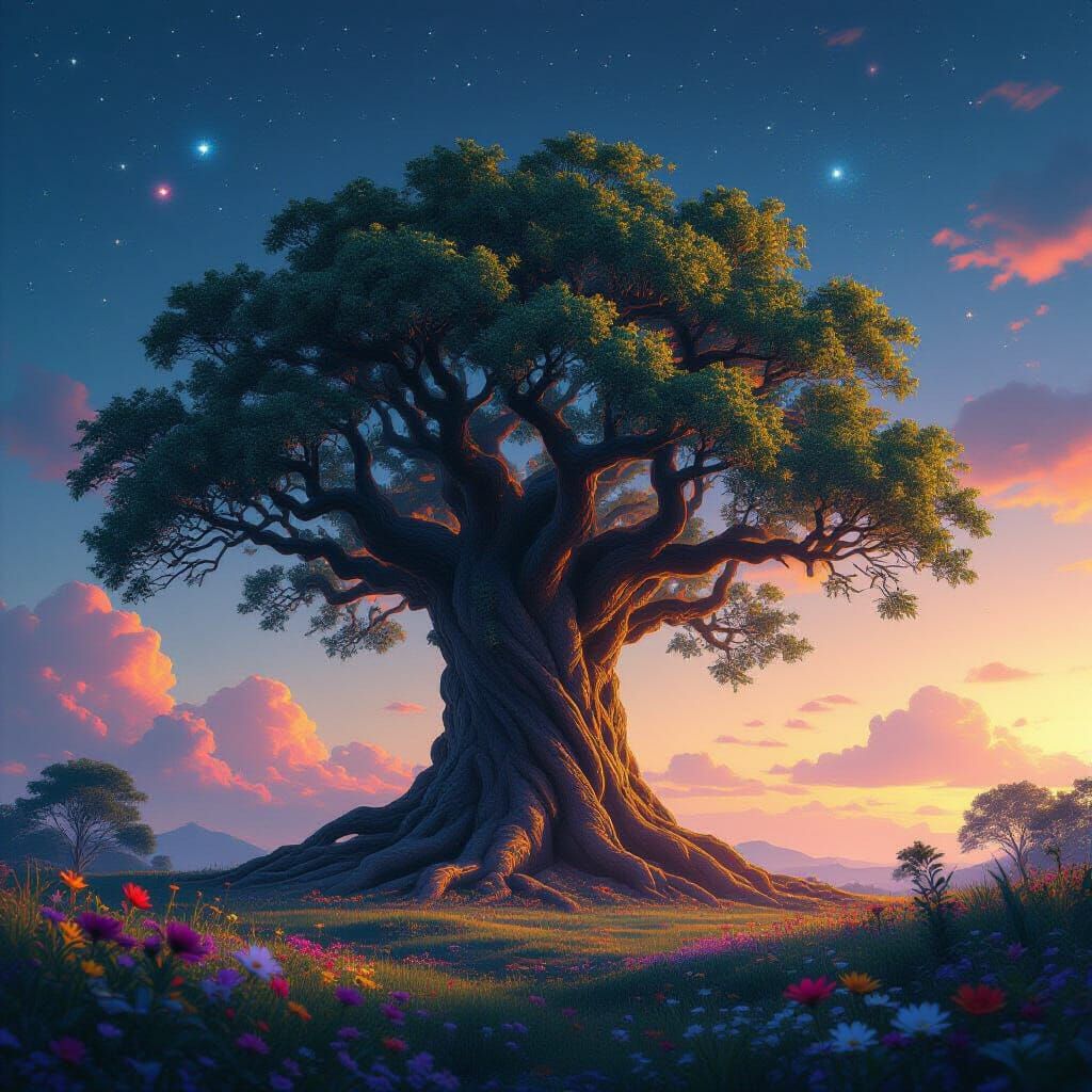 Ancient Tree of Life with Wildflowers in Neon Retro Style