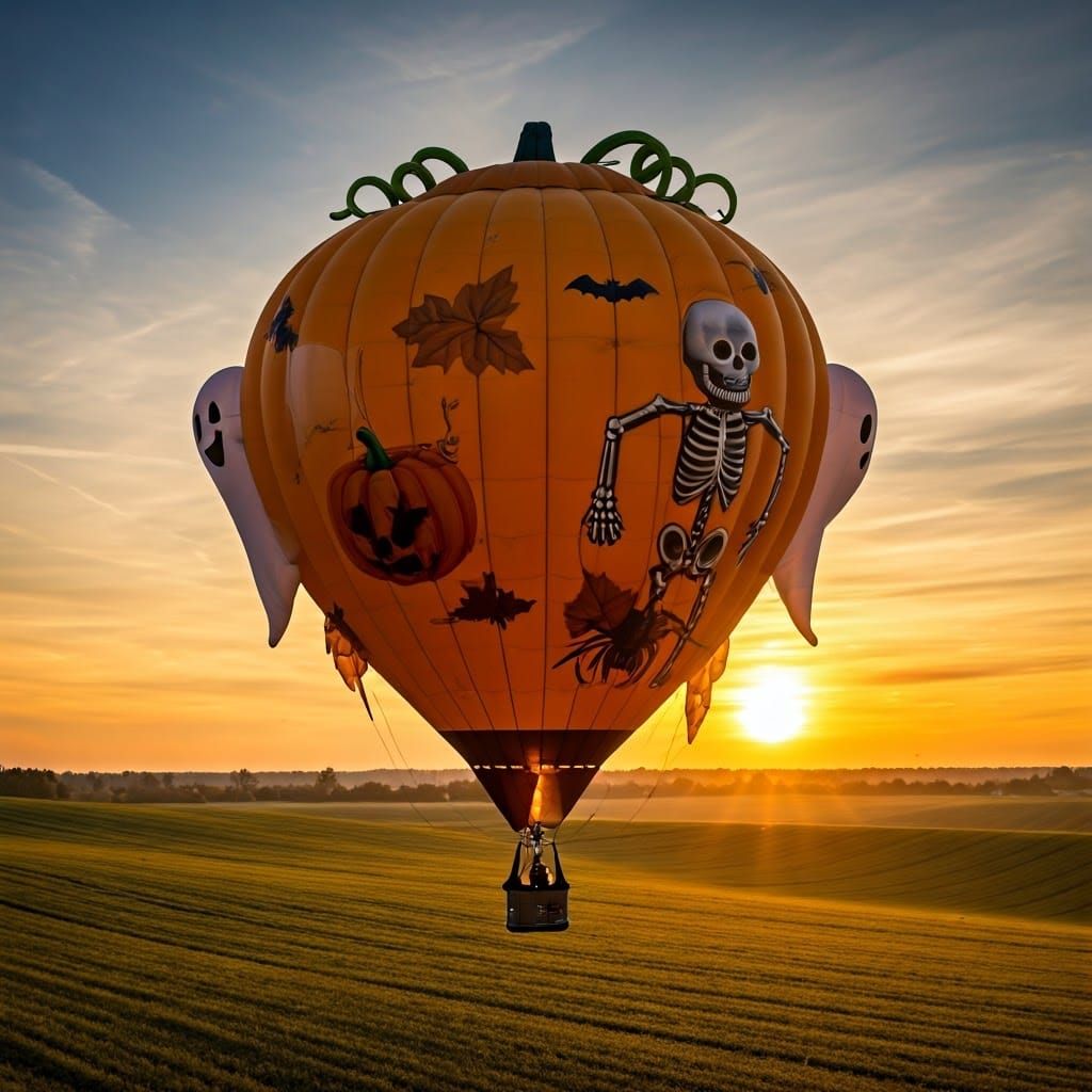 Halloween Pumpkin Balloon Over Autumn Countryside