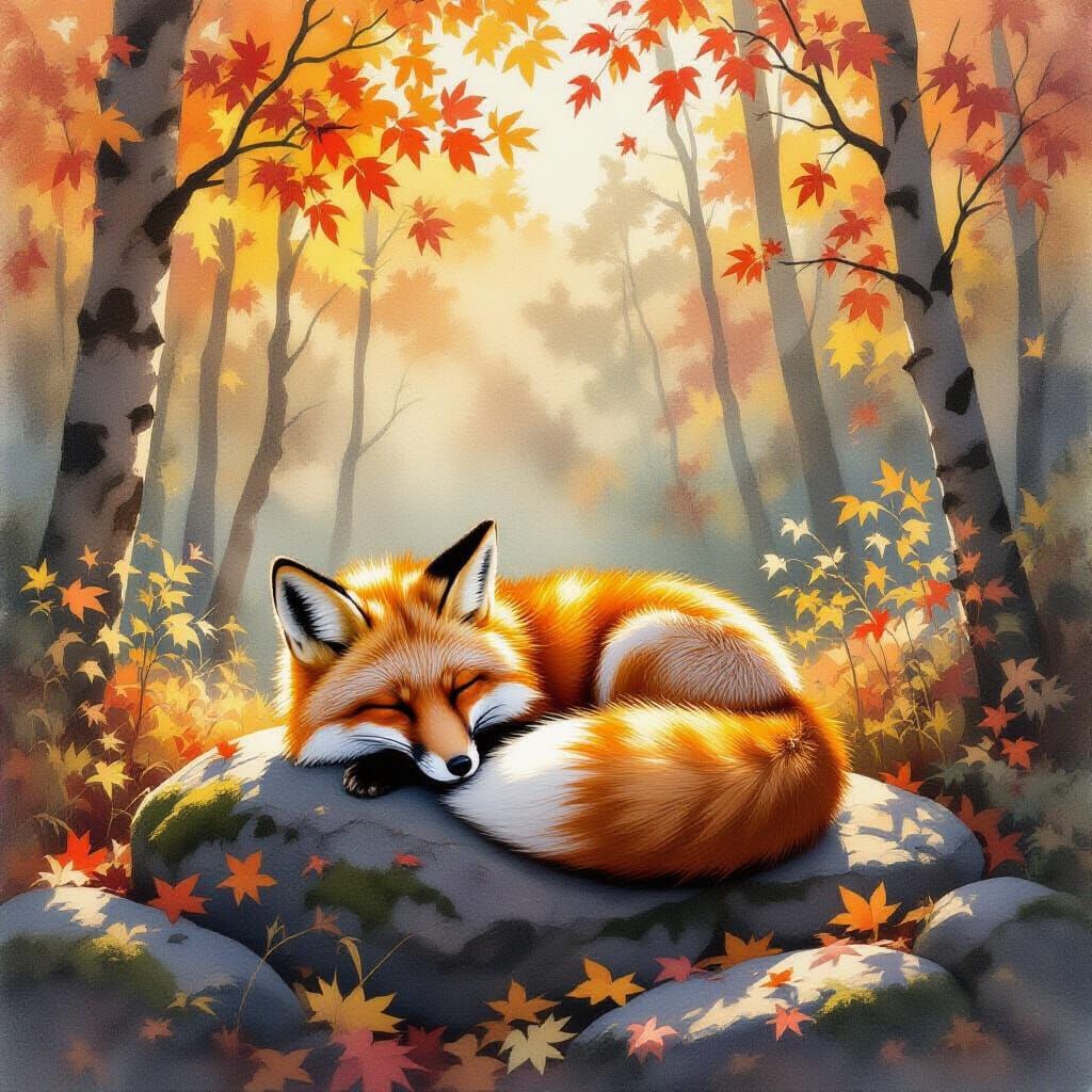 A fox sleeps peacefully amidst the pleasant autumn foliage